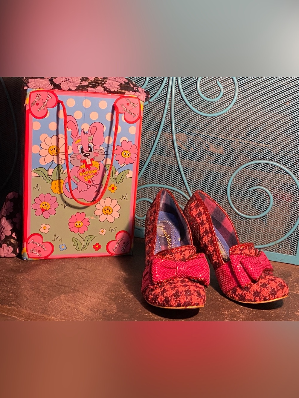Irregular Choice ALL THE TIME tweed pumps,red/black houndstooth,sparkle/bows,box
